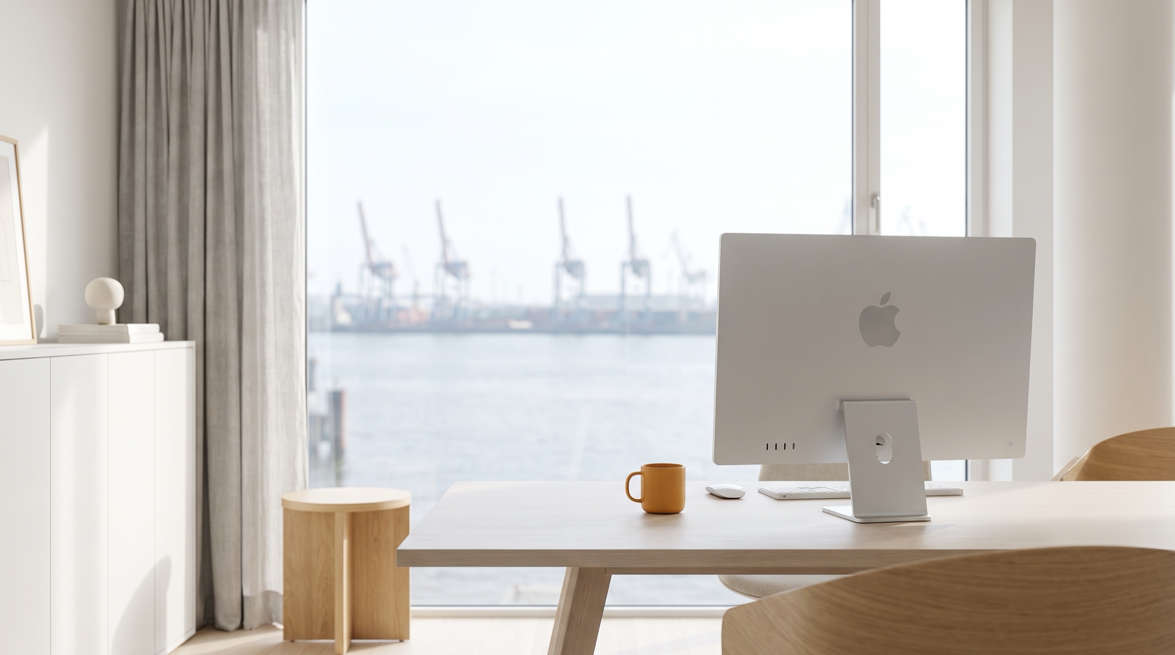 tomedo Betreuung Norddeutschland - Apple-Arbeitsplatz mit Hafenblick